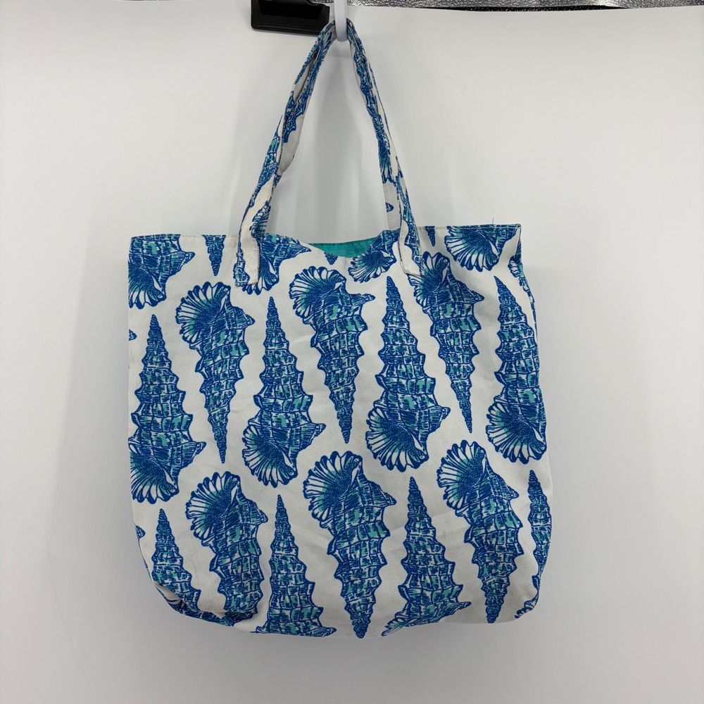 Lilly Pulitzer Estee Lauder Tote Bag Blue Teal White Shells Womens Large Canvas - Picture 2 of 6